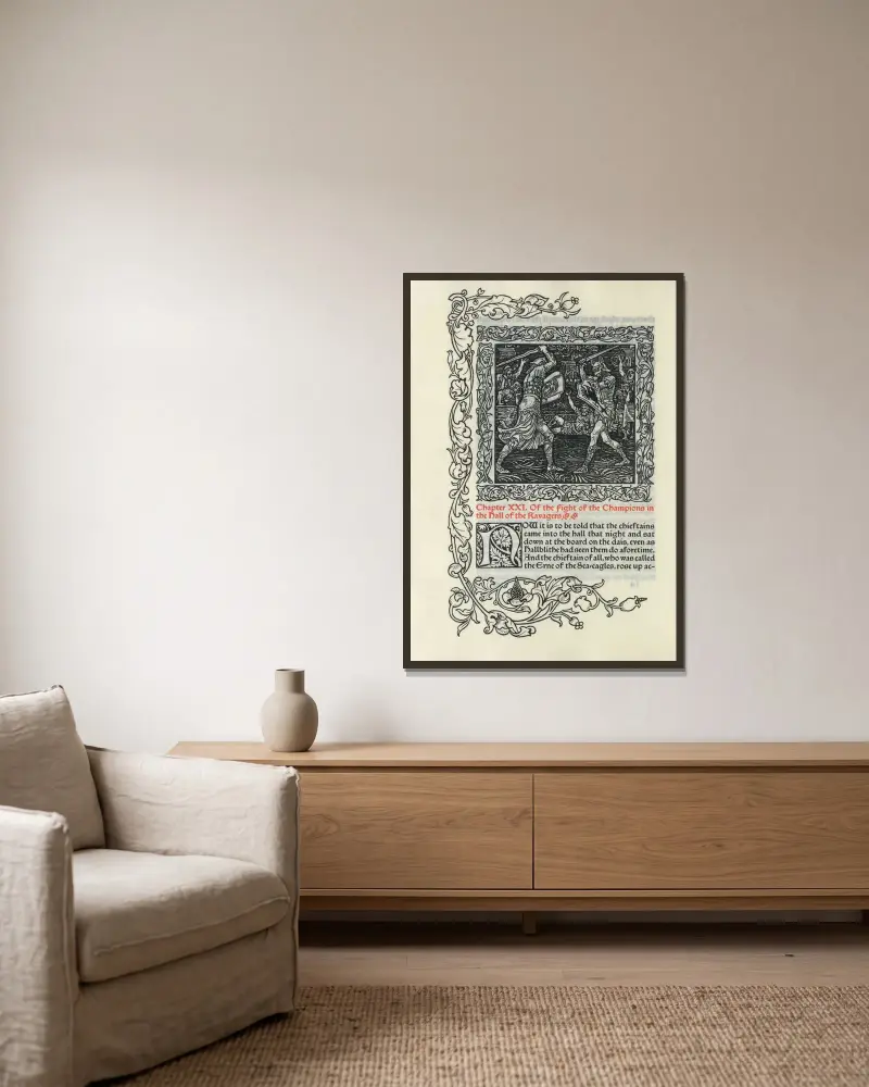 Kapitel XXI. Vom Kampf der Kämpfer in der Halle der Ravager von Walter Crane gerahmt an einer Wand