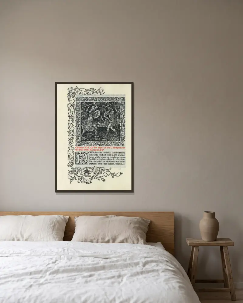 Kapitel XXI. Vom Kampf der Kämpfer in der Halle der Ravager von Walter Crane gerahmt an einer Wand