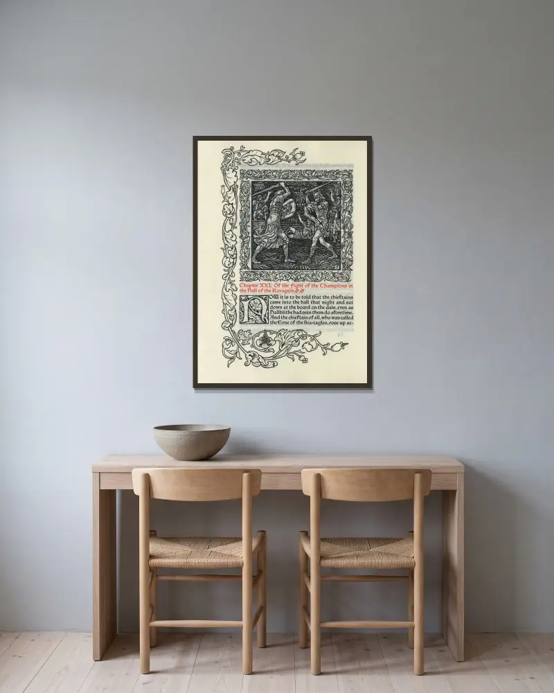 Kapitel XXI. Vom Kampf der Kämpfer in der Halle der Ravager von Walter Crane gerahmt an einer Wand