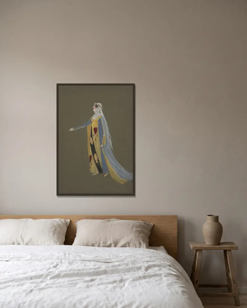 Kostymdesign av Walter Crane inramad på en vägg