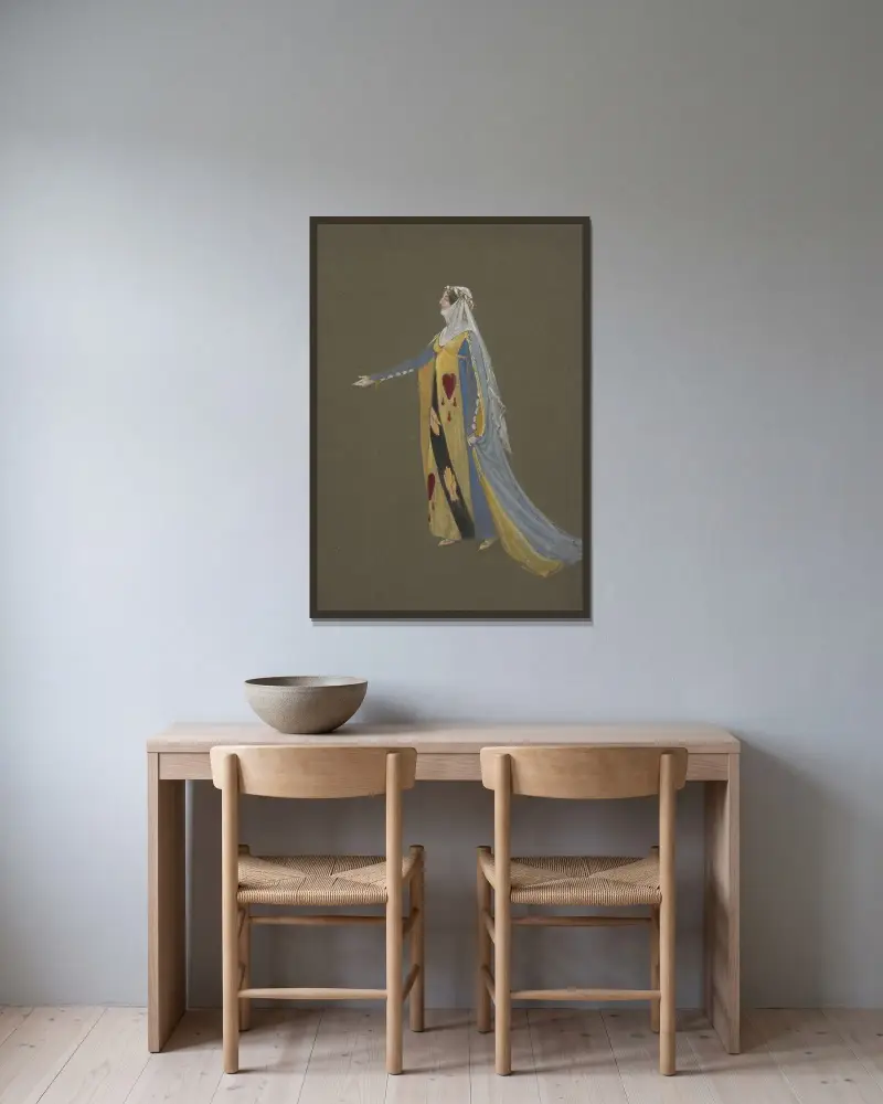Kostymdesign av Walter Crane inramad på en vägg