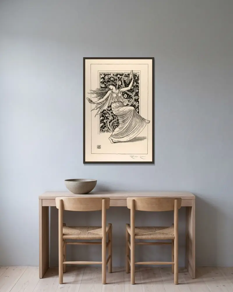 Tanzende Nymphe von Walter Crane gerahmt an einer Wand