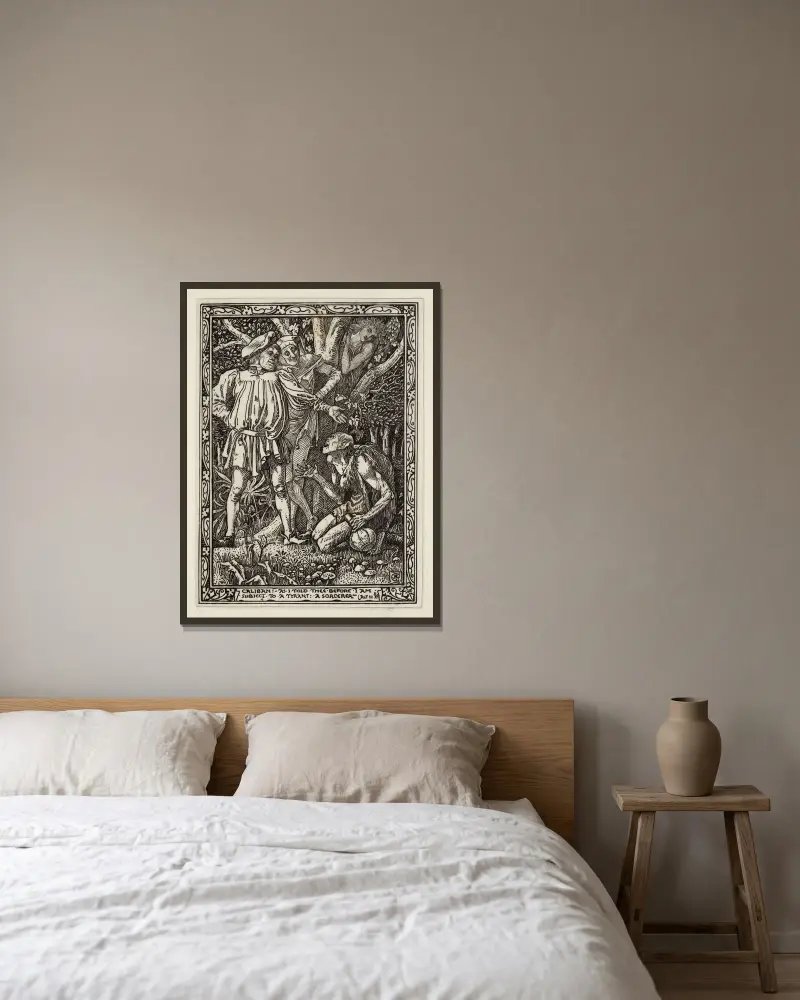 Illustration till Shakespeares Stormen av Walter Crane inramad på en vägg
