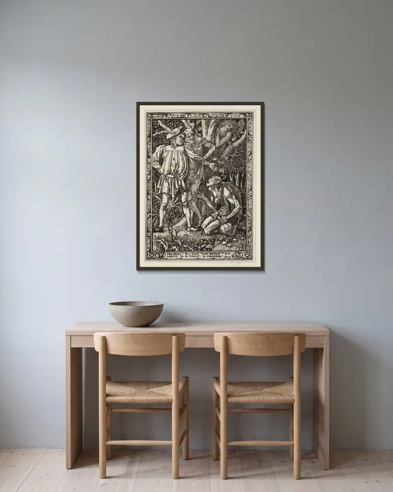 Illustration till Shakespeares Stormen av Walter Crane inramad på en vägg