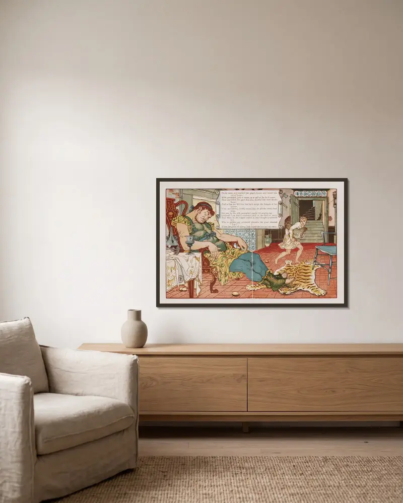 Jack och bönstjälken pl. 5 av Walter Crane inramad på en vägg
