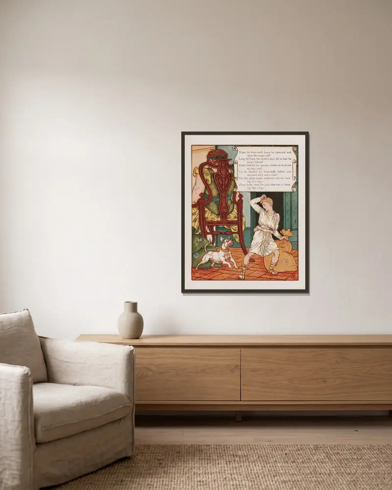 Jack und die Bohnenranke, Taf. 6 von Walter Crane gerahmt an einer Wand