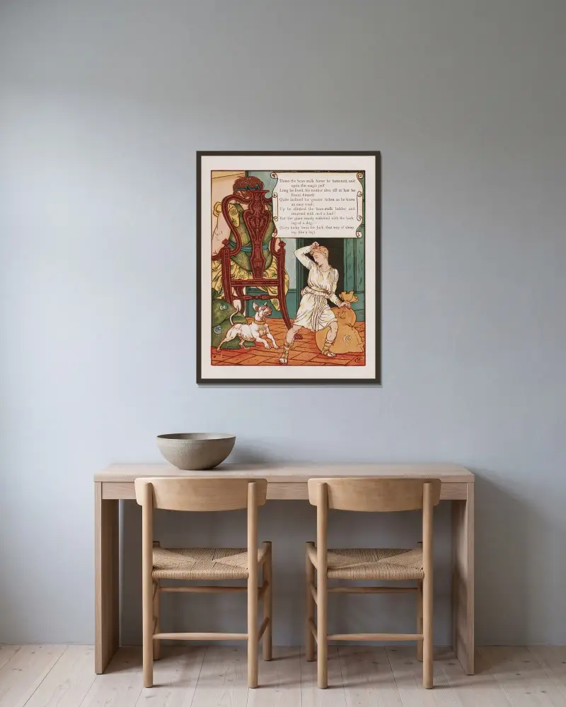 Jack und die Bohnenranke, Taf. 6 von Walter Crane gerahmt an einer Wand