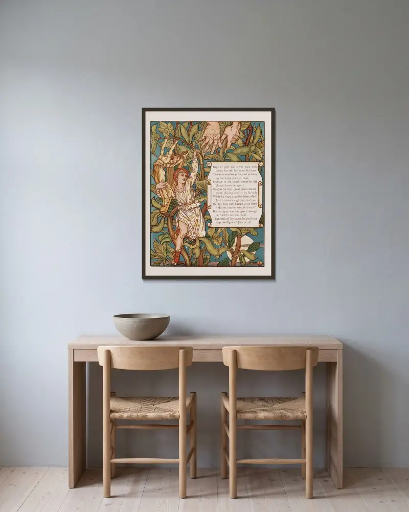 Jack och bönstjälken Pl.7 av Walter Crane inramad på en vägg