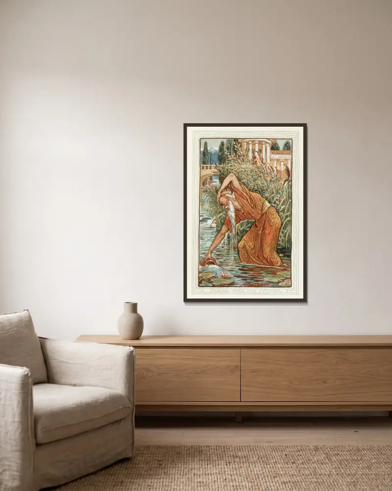 Midas mit dem Krug von Walter Crane gerahmt an einer Wand