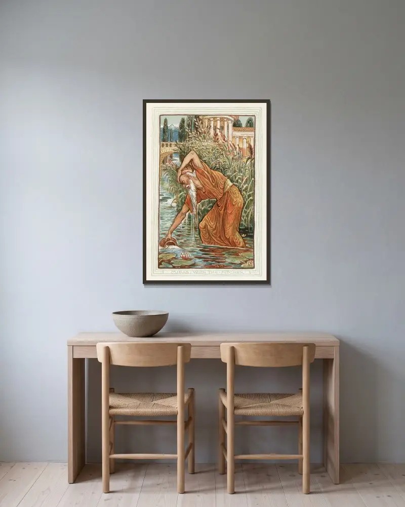 Midas mit dem Krug von Walter Crane gerahmt an einer Wand