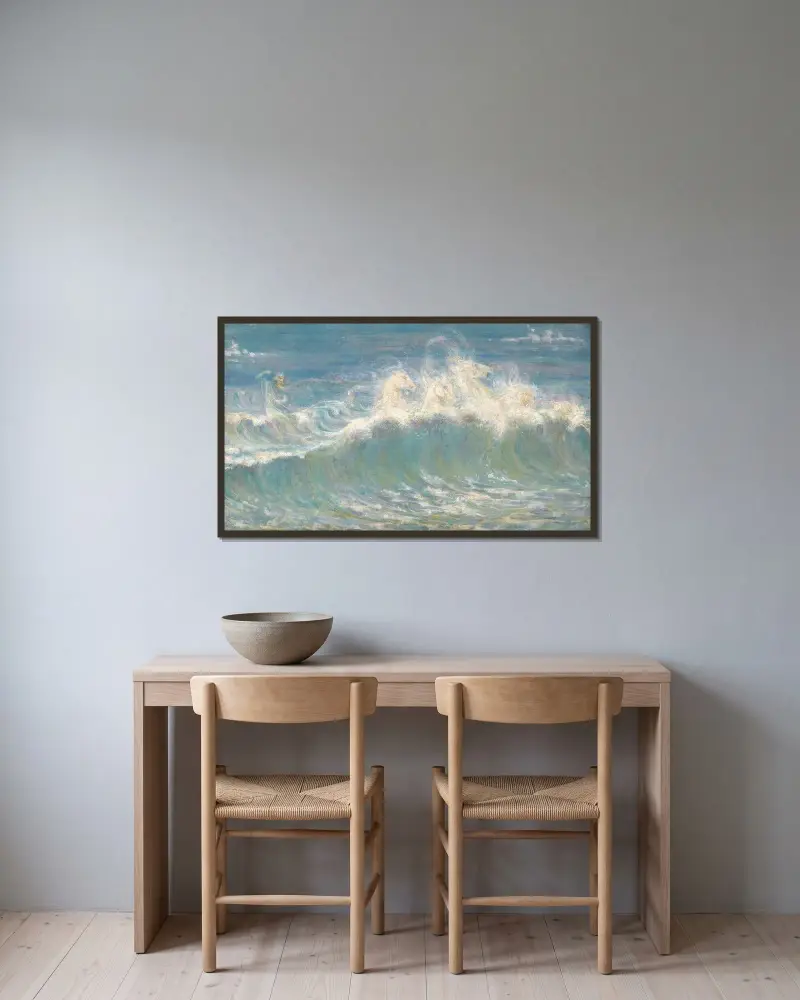 Neptuns Pferde von Walter Crane gerahmt an einer Wand