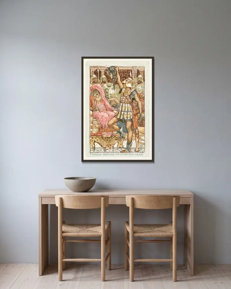 Perseus visar gorgonens huvud av Walter Crane inramad på en vägg