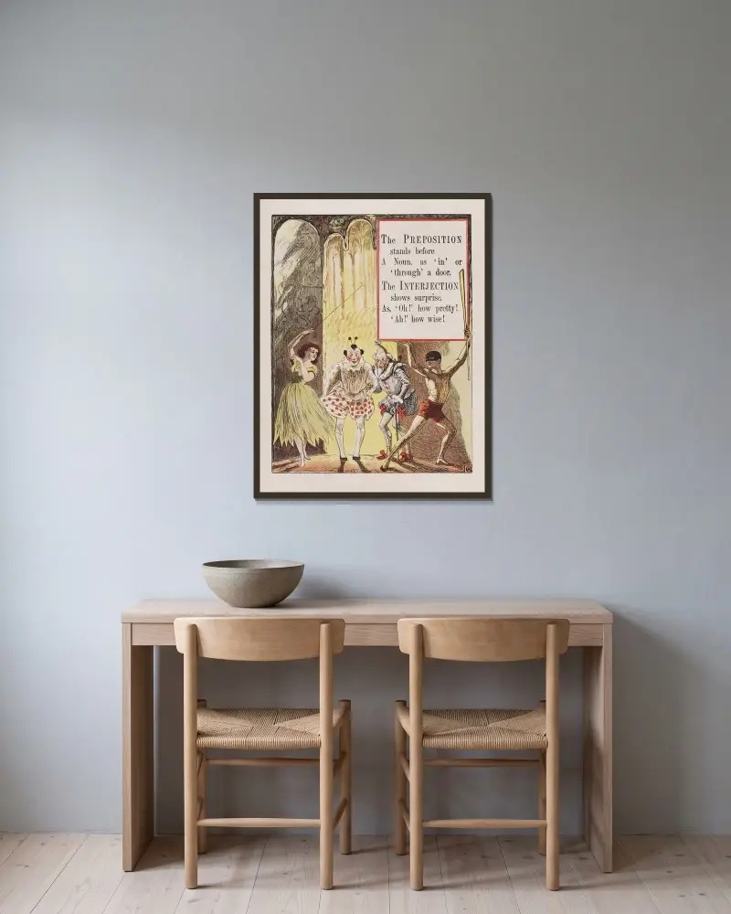 Preposition;Interjection av Walter Crane inramad på en vägg