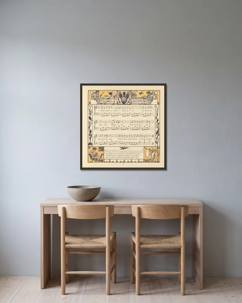 Song of Sixpence av Walter Crane inramad på en vägg