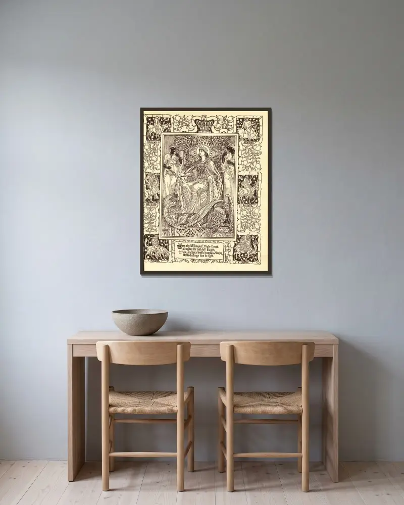 Spenser’s Faerie queene Pl.09 av Walter Crane inramad på en vägg