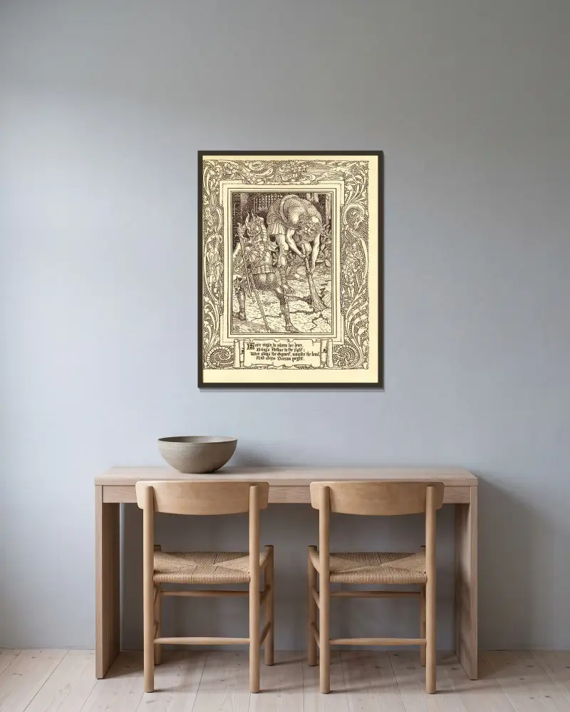 Spenser’s Faerie queene Pl.13 av Walter Crane inramad på en vägg
