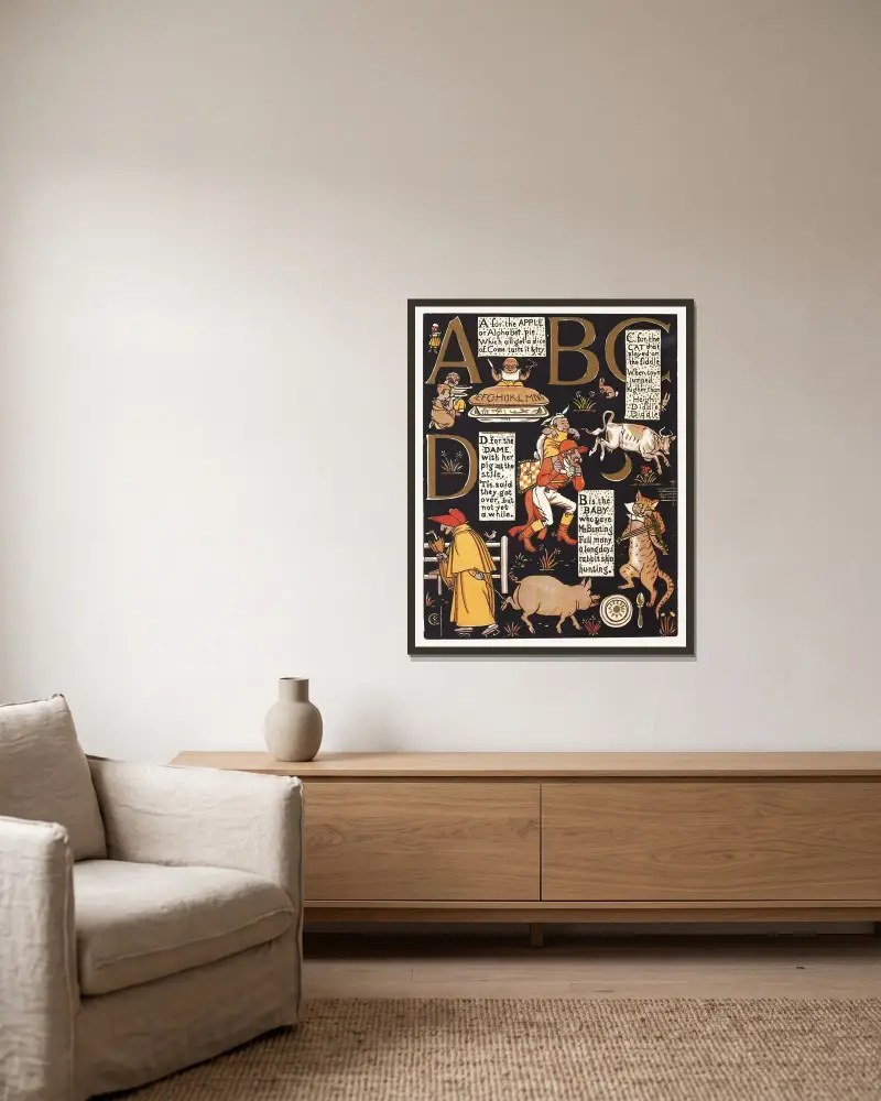Das absurde ABC, Tafel 1 von Walter Crane gerahmt an einer Wand