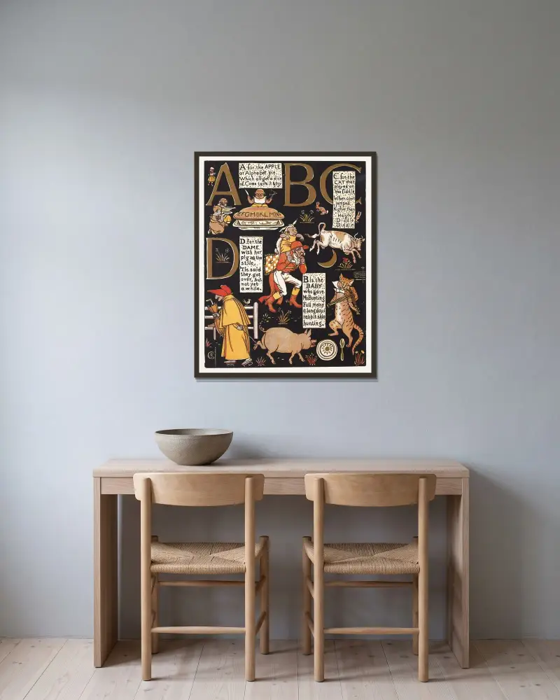 Das absurde ABC, Tafel 1 von Walter Crane gerahmt an einer Wand