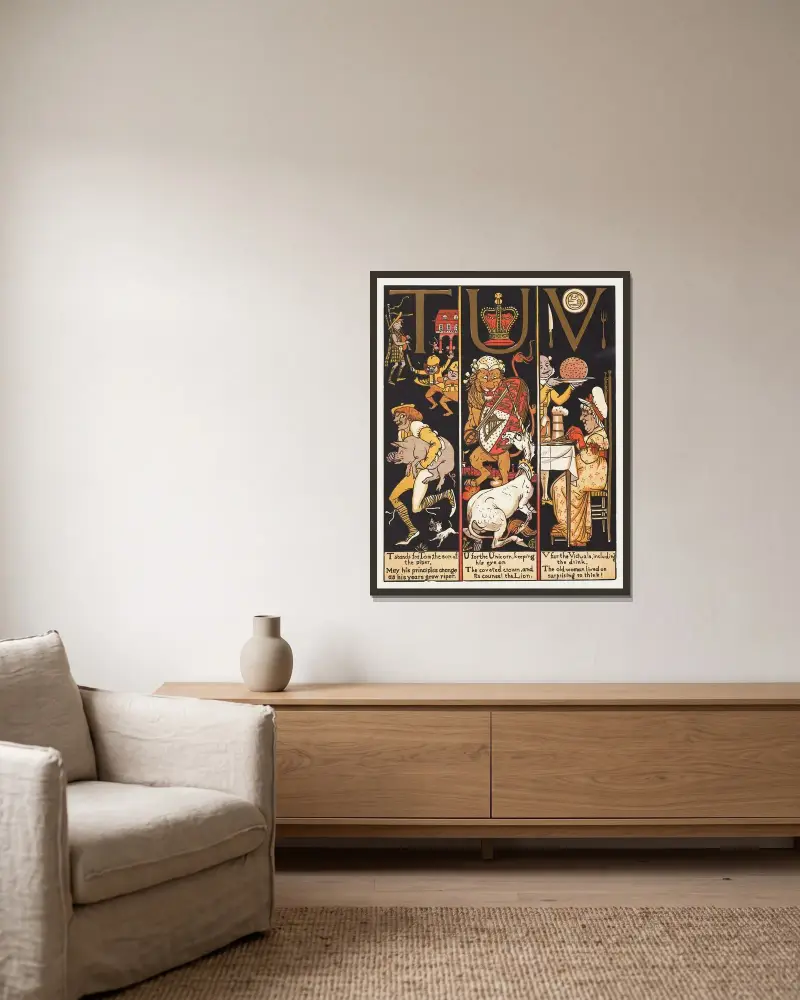 Das absurde ABC, Tafel 6 von Walter Crane gerahmt an einer Wand