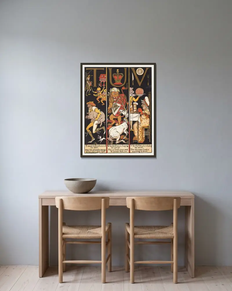 Das absurde ABC, Tafel 6 von Walter Crane gerahmt an einer Wand