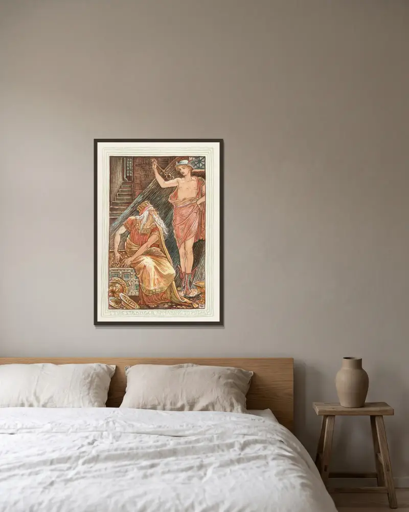 Främlingen som uppenbarar sig för Midas av Walter Crane inramad på en vägg