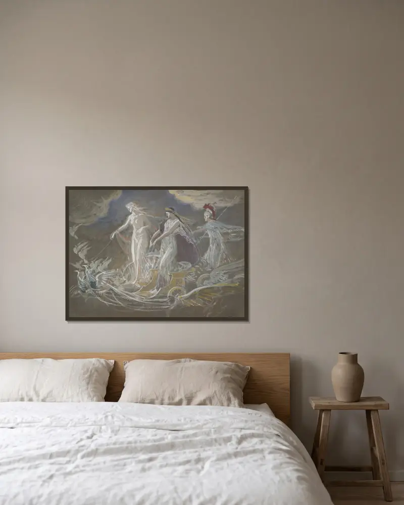 Tre gudinnor (allegorisk studie) av Walter Crane inramad på en vägg