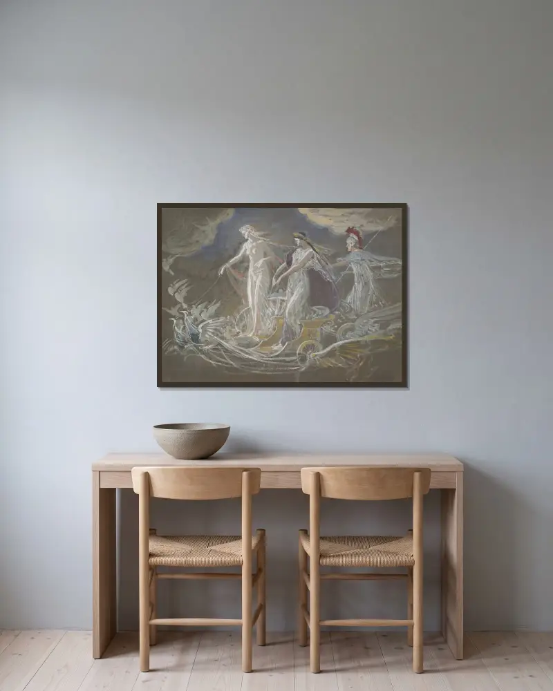 Tre gudinnor (allegorisk studie) av Walter Crane inramad på en vägg