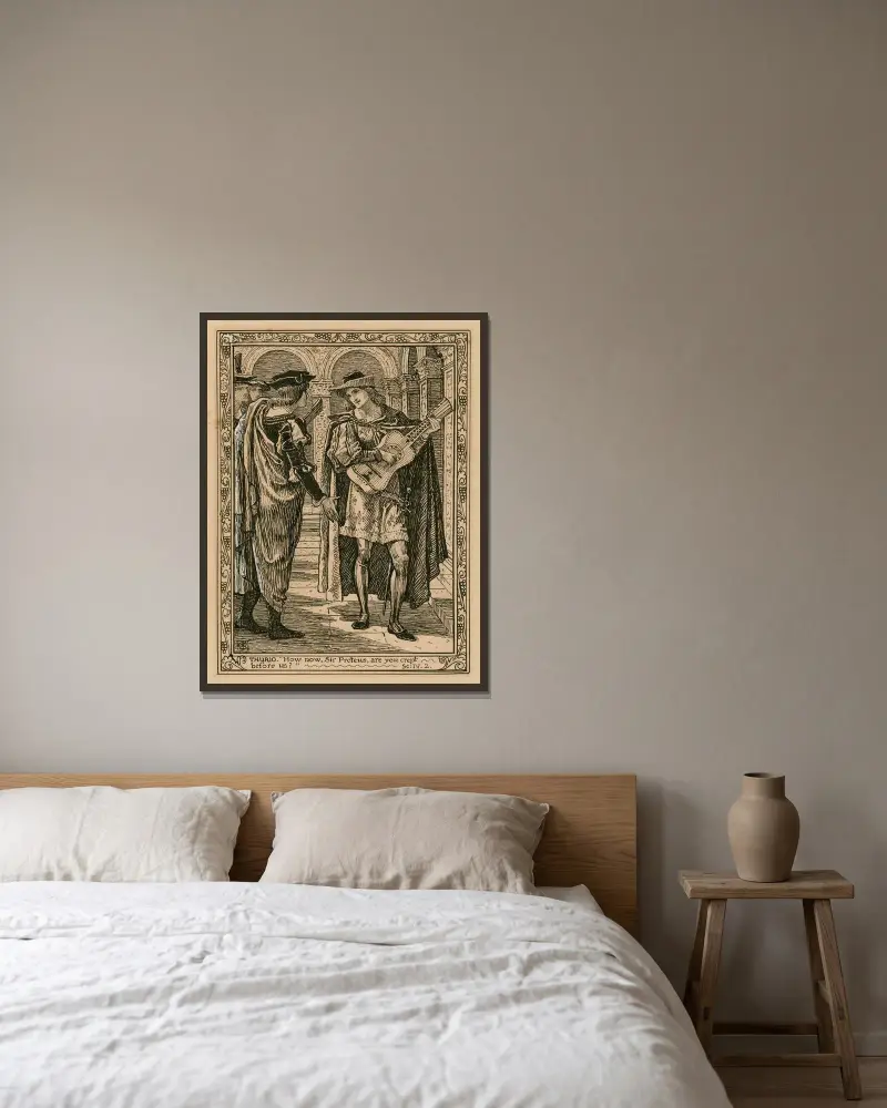 Thurio; 'How now, Sir Proteus, are you crept before us', akt IV, scen 2 av Walter Crane inramad på en vägg