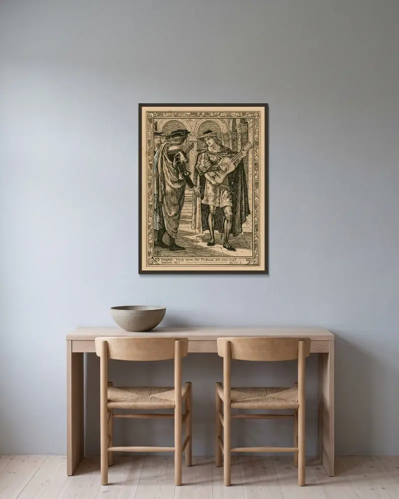 Thurio; 'How now, Sir Proteus, are you crept before us', akt IV, scen 2 av Walter Crane inramad på en vägg