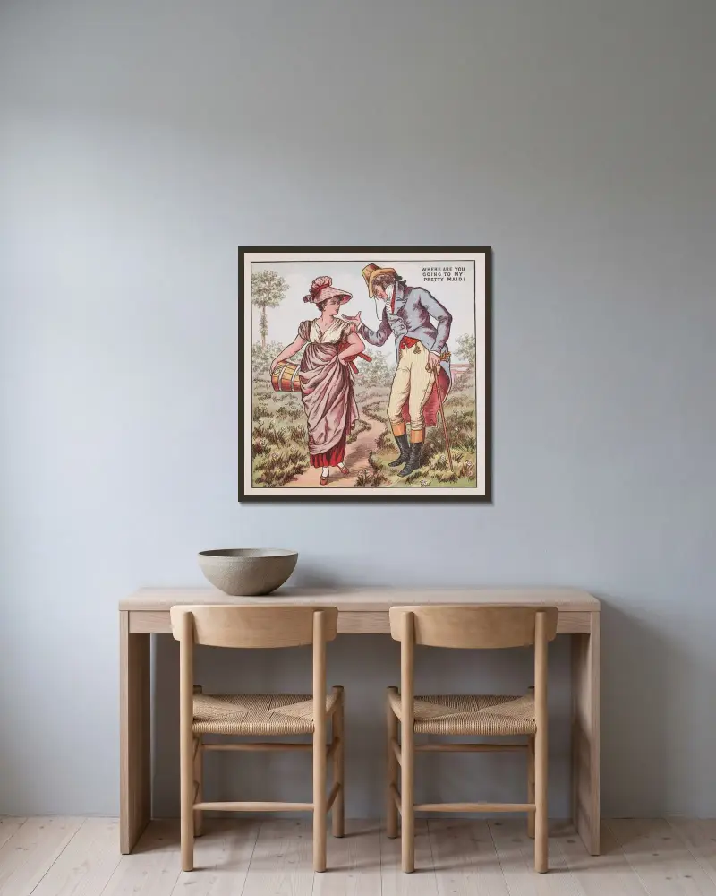 Vart ska du gå, min vackra mö av Walter Crane inramad på en vägg