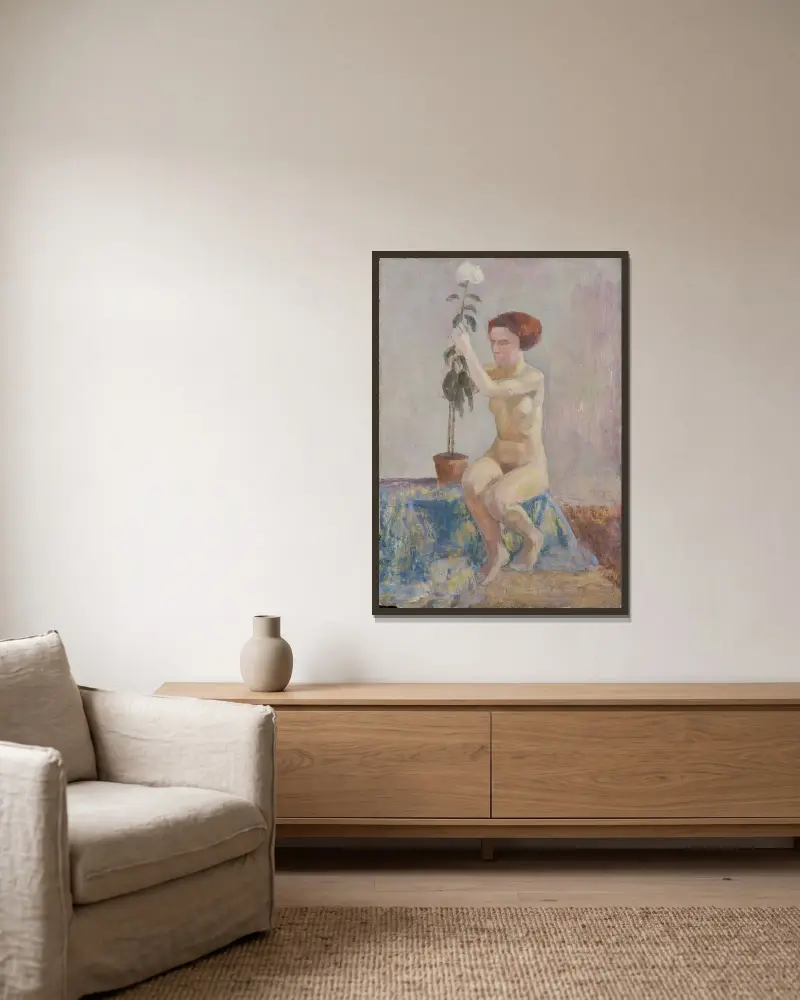 Akt mit Blumentopf von Walther Gamerith gerahmt an einer Wand