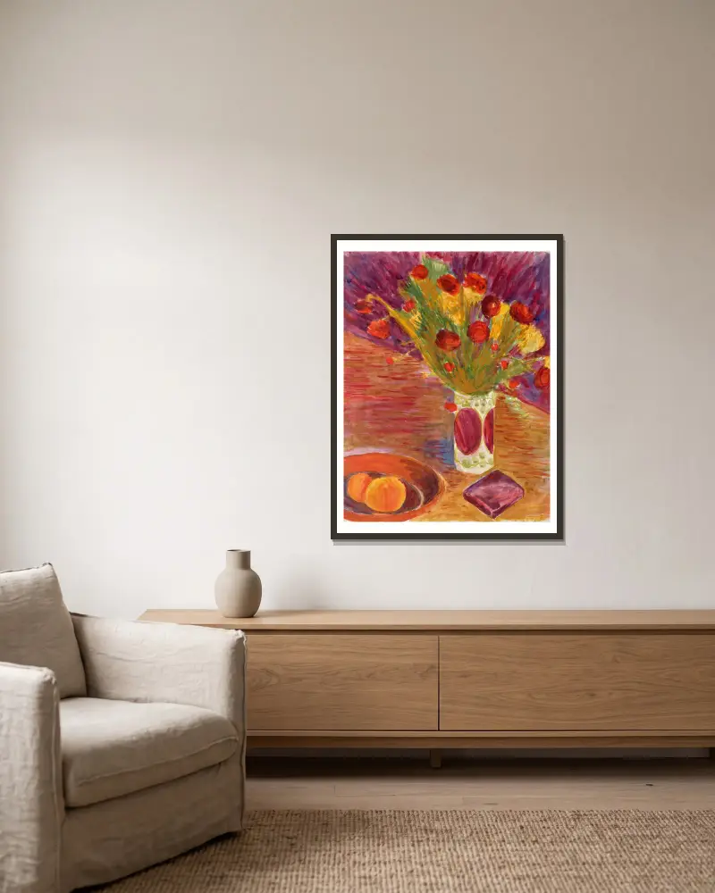 Blumenvase und Obstschale av Walther Gamerith inramad på en vägg