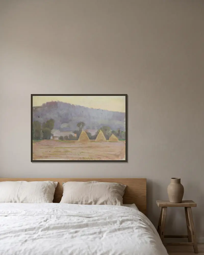 Landschaft mit Heuschobern von Walther Gamerith gerahmt an einer Wand