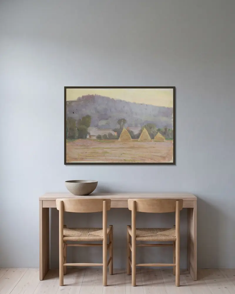 Landschaft mit Heuschobern von Walther Gamerith gerahmt an einer Wand