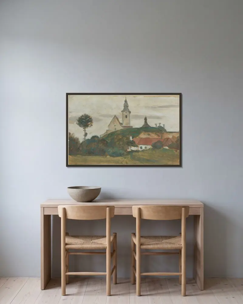 Landskap med kyrka och by av Walther Gamerith inramad på en vägg