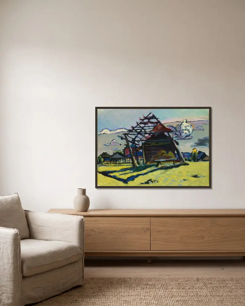 Akhtyrka. Frame for a Haystack and Farm av Wassily Kandinsky inramad på en vägg
