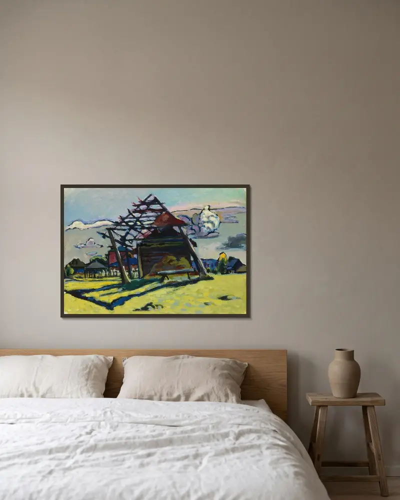 Akhtyrka. Frame for a Haystack and Farm av Wassily Kandinsky inramad på en vägg
