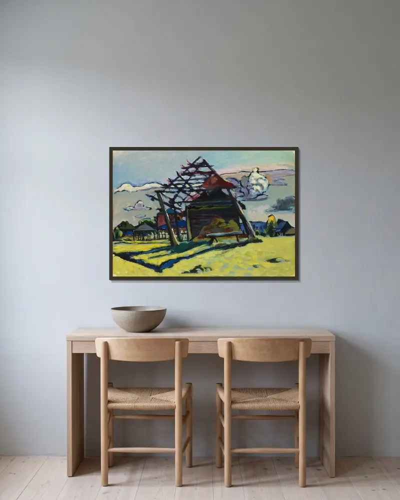 Akhtyrka. Frame for a Haystack and Farm av Wassily Kandinsky inramad på en vägg