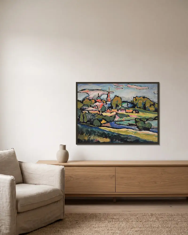 Akhtyrka. Landscape with Red Church av Wassily Kandinsky inramad på en vägg
