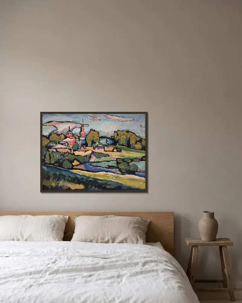 Akhtyrka. Landscape with Red Church av Wassily Kandinsky inramad på en vägg