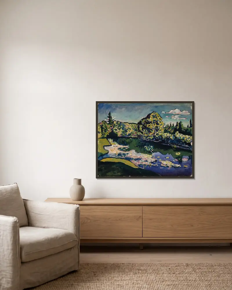 Akhtyrka. Park Pond av Wassily Kandinsky inramad på en vägg