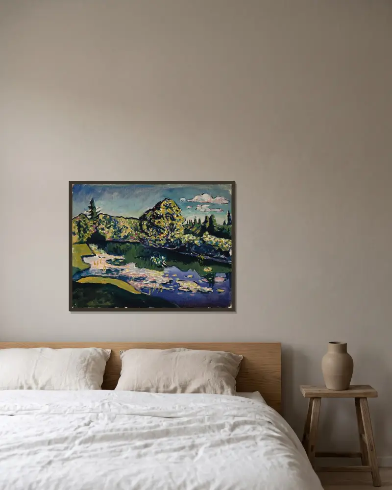 Akhtyrka. Park Pond av Wassily Kandinsky inramad på en vägg