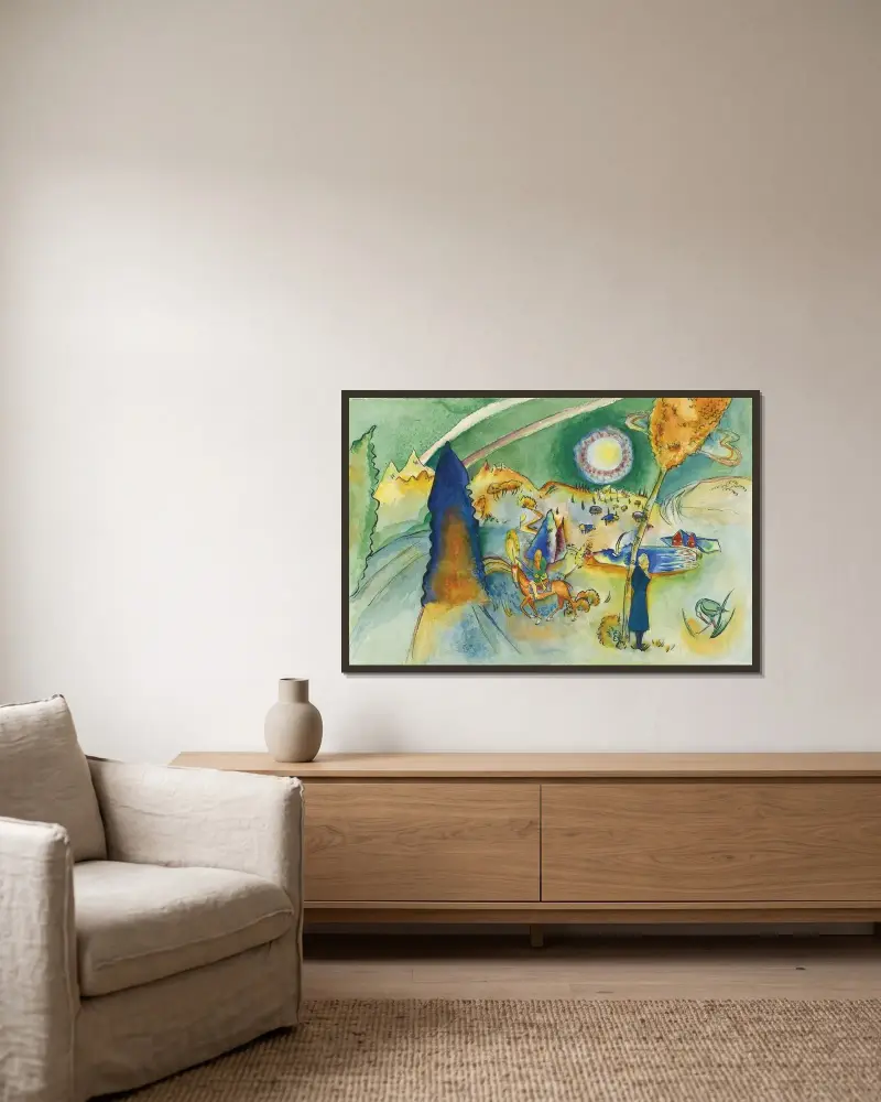 Akvarell för Poul Bjerre av Wassily Kandinsky inramad på en vägg