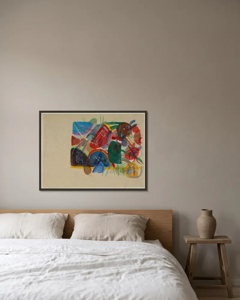 Aquarell ‘Mit Wald und Regenbogen’ av Wassily Kandinsky inramad på en vägg