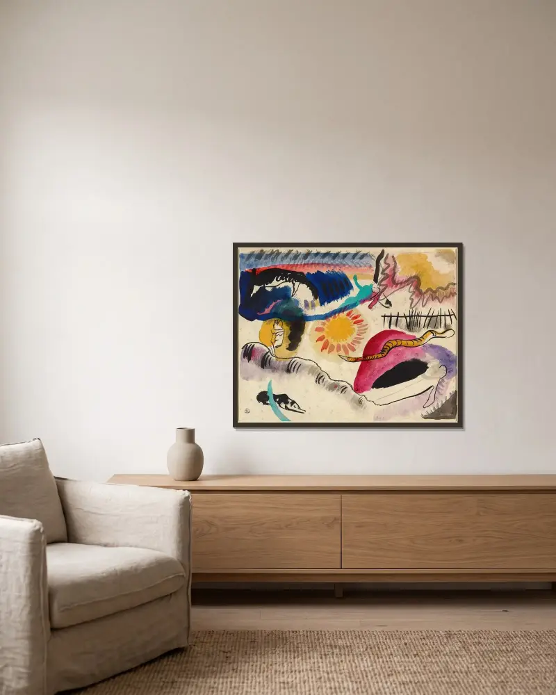 Akvarel č. 3 (Zahrada lásky), Wassily Kandinsky v rámu na stěně