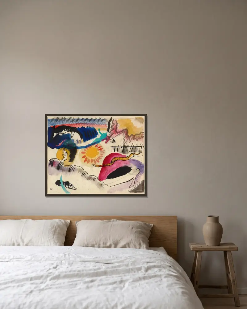 Akvarel č. 3 (Zahrada lásky), Wassily Kandinsky v rámu na stěně