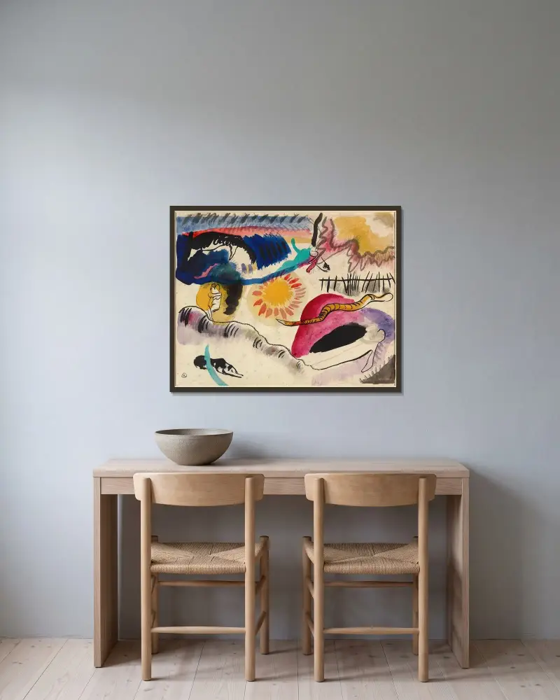 Akvarel č. 3 (Zahrada lásky), Wassily Kandinsky v rámu na stěně