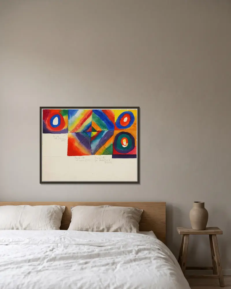 Color studies with information on painting technique av Wassily Kandinsky inramad på en vägg