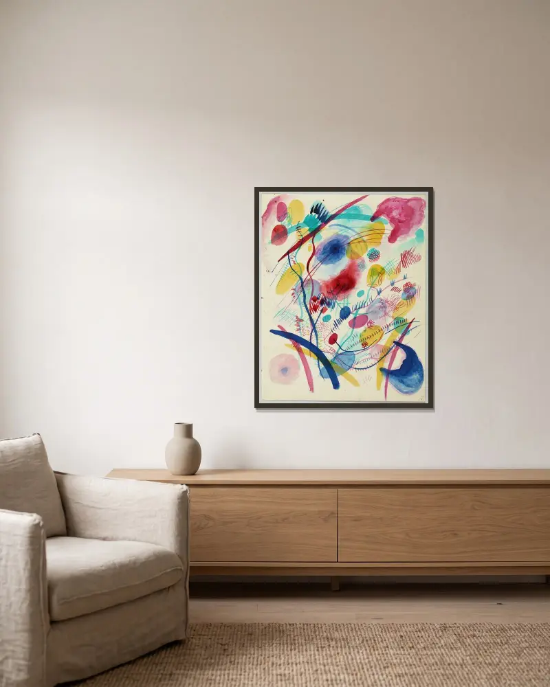 Composition in red, blue, green and yellow av Wassily Kandinsky inramad på en vägg