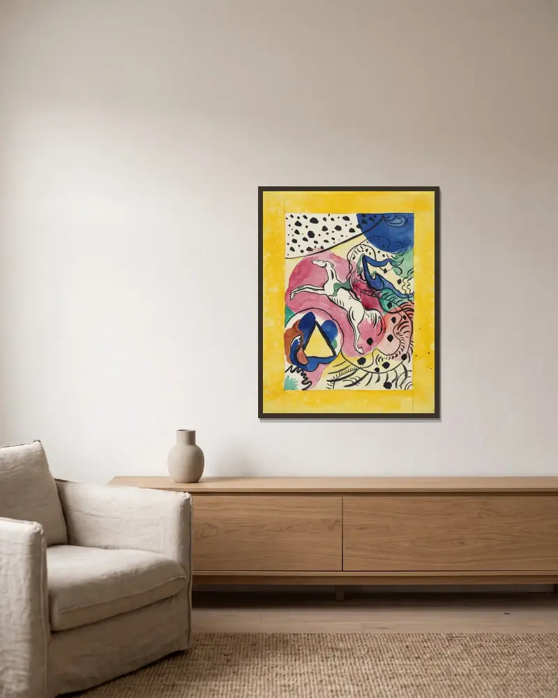 Design for the cover of the almanac ‘The Blue Rider’, 1911 – nr 2 av Wassily Kandinsky inramad på en vägg